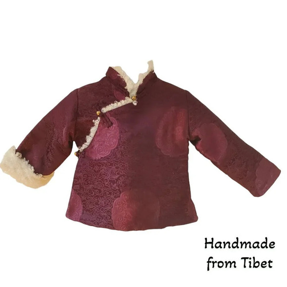 Handmade Tibetan | Children's Winter Coat | Jacquard | Burgundy | 2T - Picture 1 of 4
